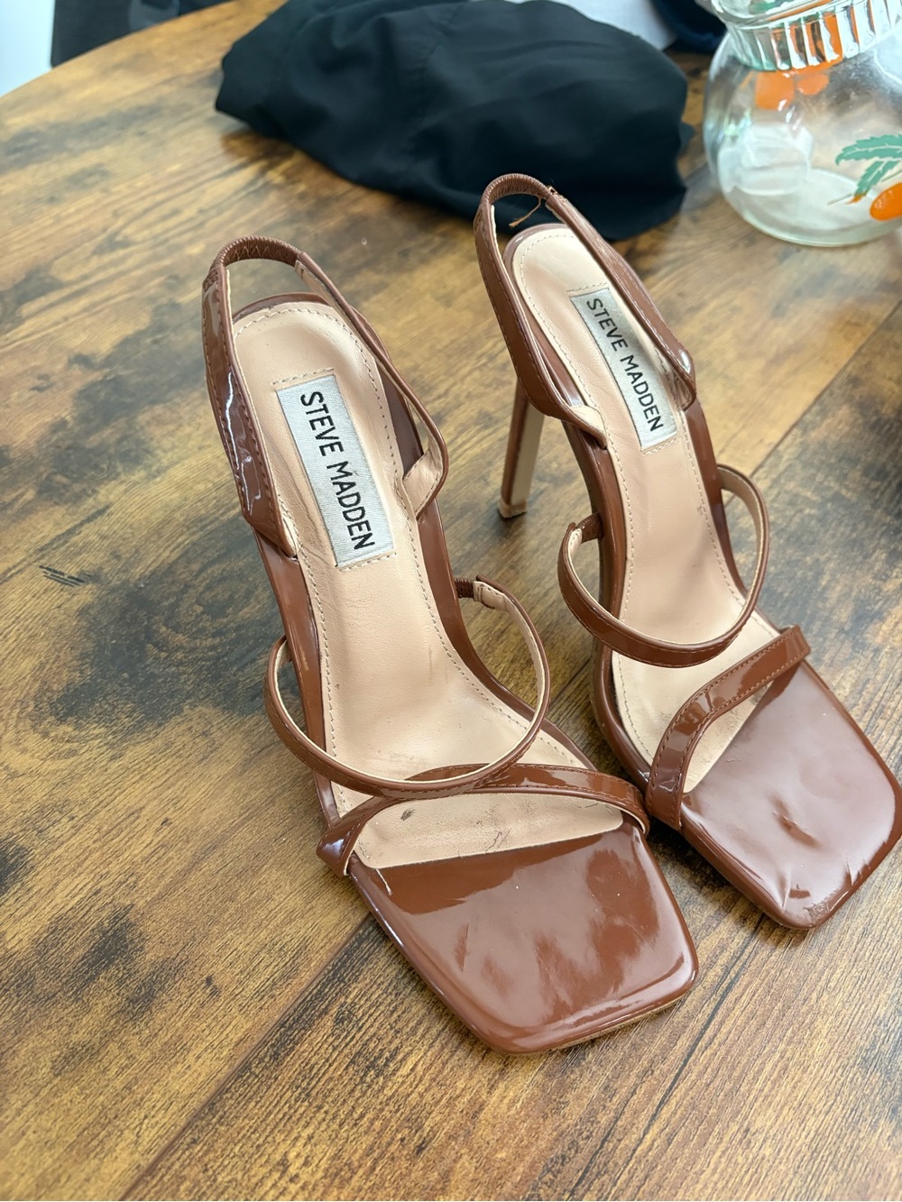 Steve Madden Brown Patent Square-Toe Strappy High Heels